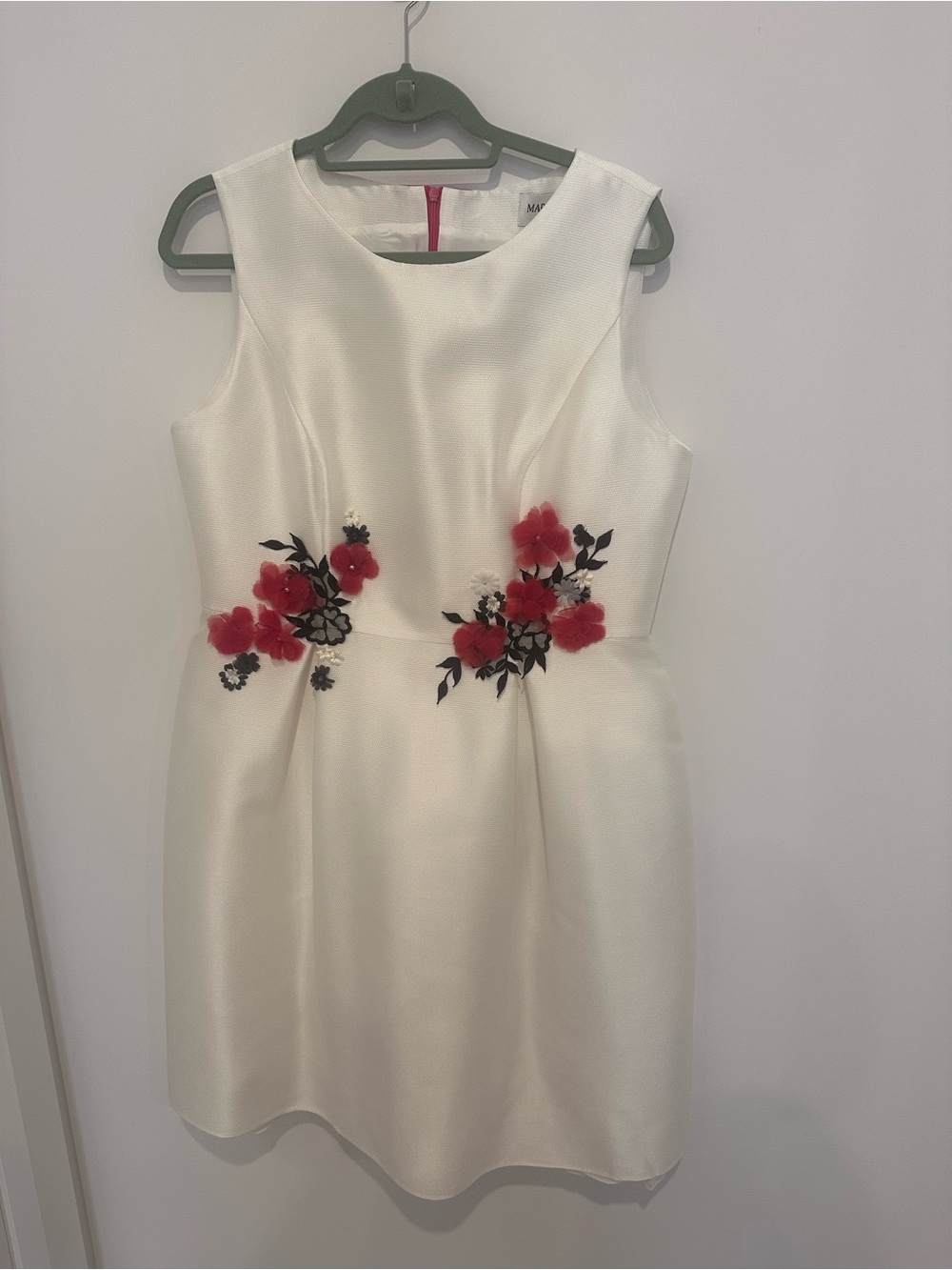 Maria Coca Sleeveless White Dress with Red Floral Embroidery